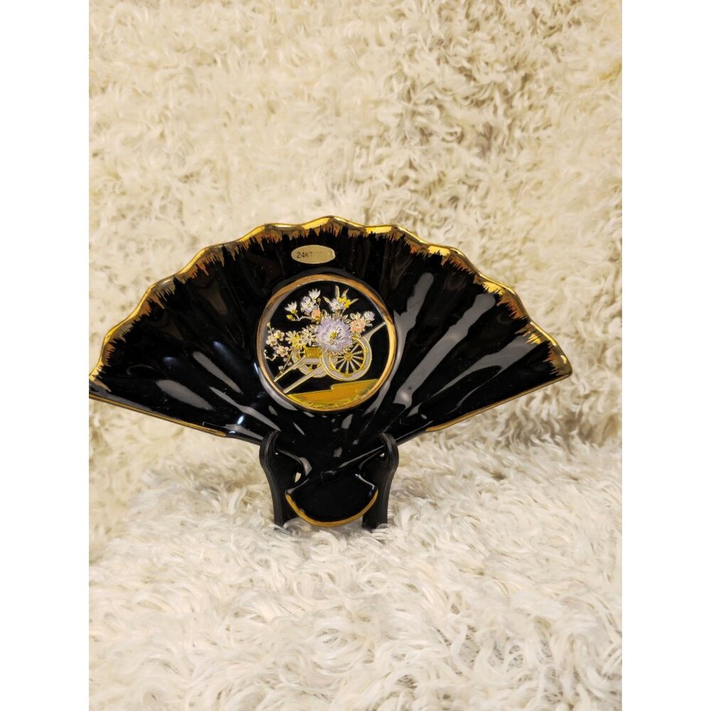 Vintage Art of Chokin 24K Gold Edged Fan Plate